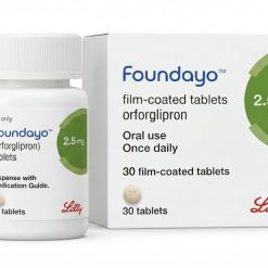 Prescription bottle of Foundayo (orforglipron) oral tablets on a clean pharmacy counter